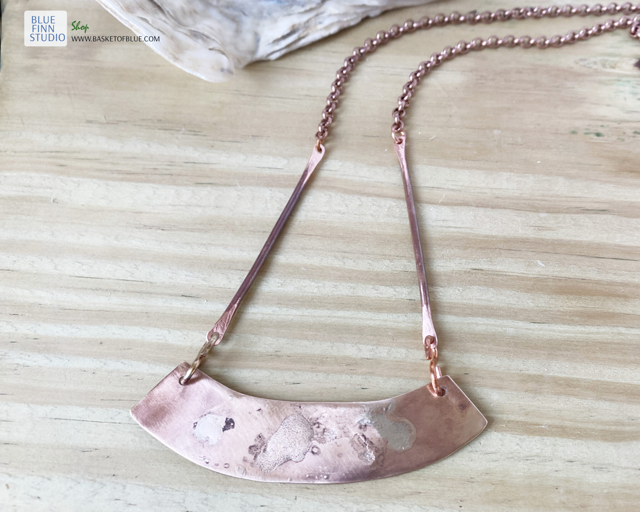 Bronze Bar Necklace with Fused Sterling Silver Basket of Blue