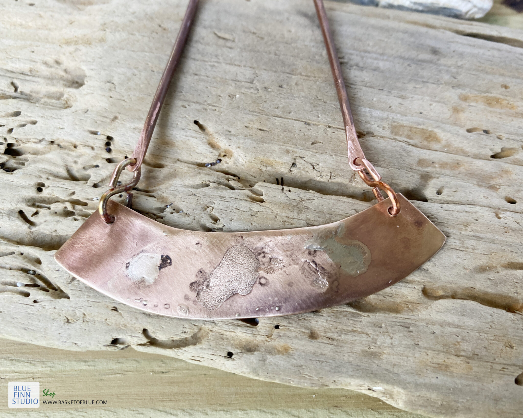 Bronze Bar Necklace with Fused Sterling Silver Basket of Blue