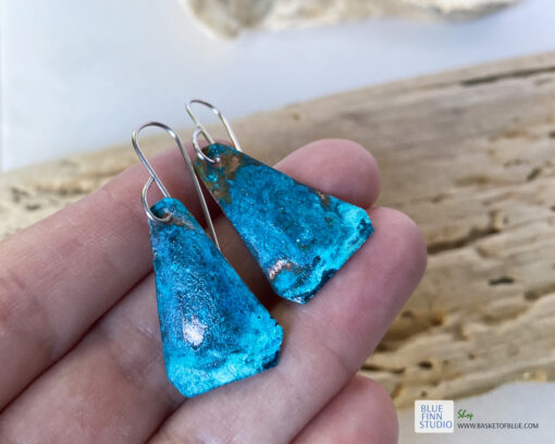 blue green verdigris copper patina triangle earrings