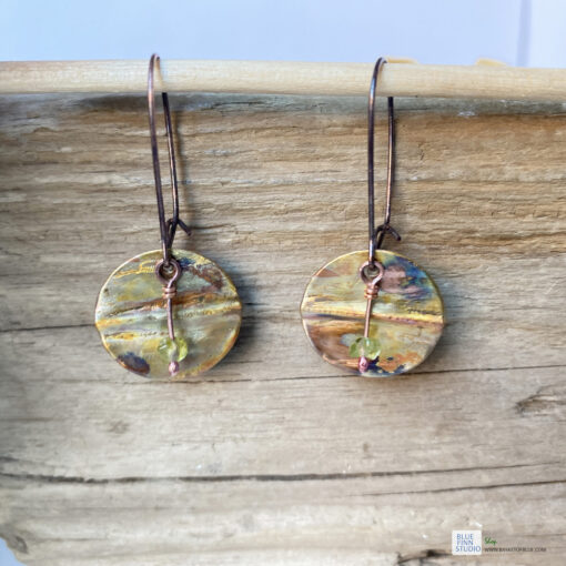 copper round disc dangle with peridot drop earrings