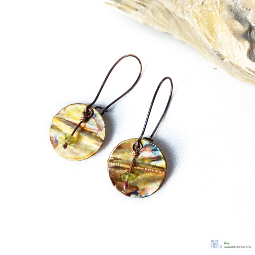 copper round disc dangle with peridot drop earrings