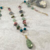 Green and pink long aventurine turquoise gemstone dangle bead necklace