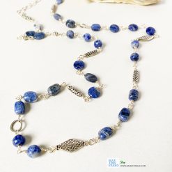 long blue sodalite bead necklace with silver and pewter