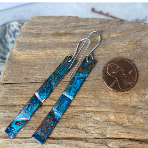 blue copper patina long rectangle earrings