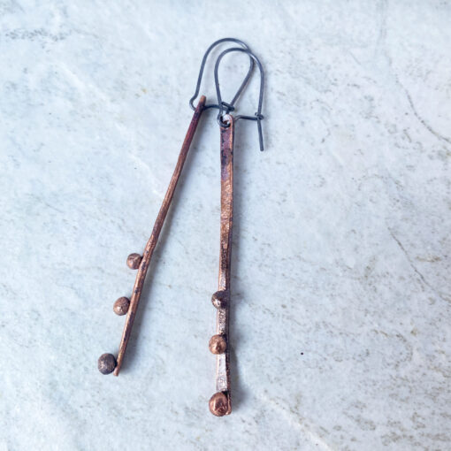 rustic copper long three ball earrings