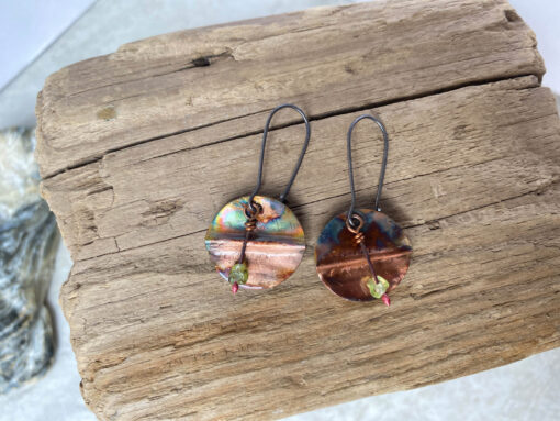 round copper peridot dangle earrings