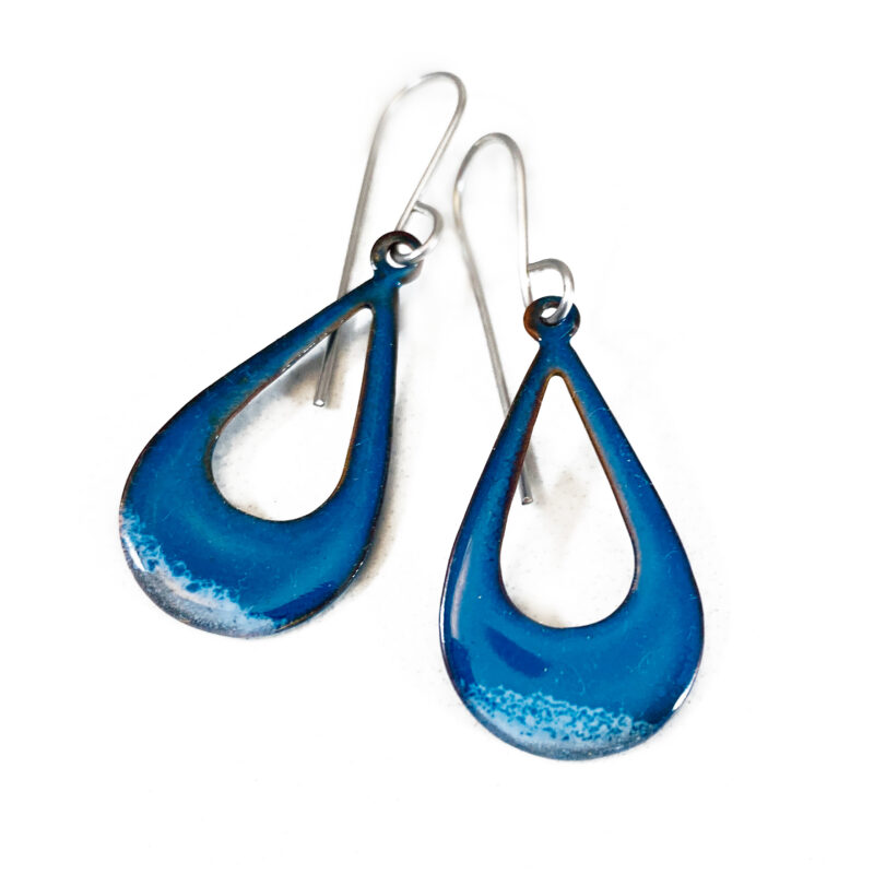 Blue Open Teardrop Enameled Copper Earrings Basket of Blue