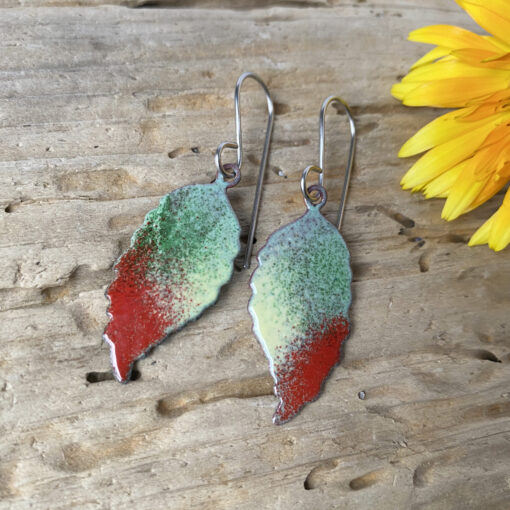 small enamel leaf earrings green and red fall leaf