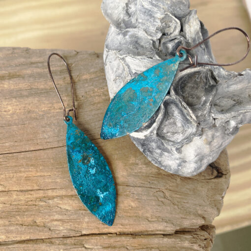 copper blue green patina pointed oval earrings