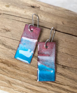 aqua blue rectangle enameled copper earrings