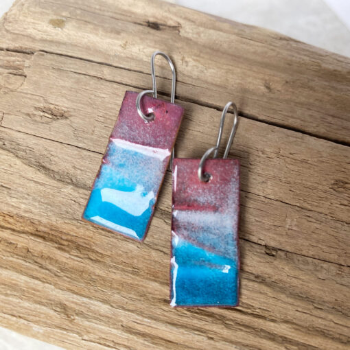aqua blue rectangle enameled copper earrings