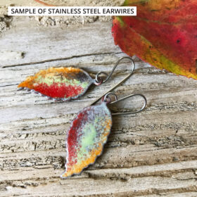 sample of stainless steel earwires on enamel leaf earrings