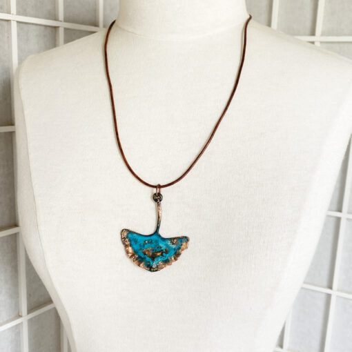 copper electoformed ginkgo leaf with blue patina mecklace