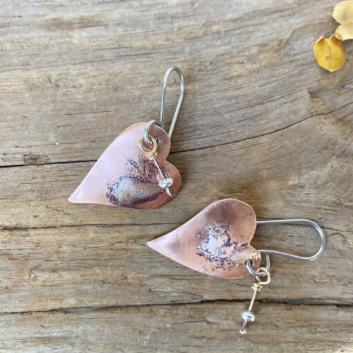 copper heart earrings mixed metal silver heart