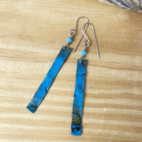 long copper patina rectangle earrings with Swarovski turquoise