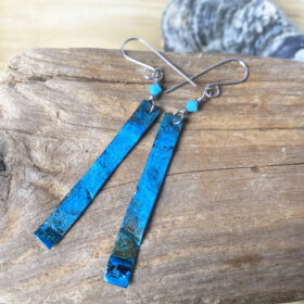 long copper patina rectangle earrings with Swarovski turquoise