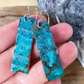 blue green copper patina long rectangle earrings - verdigris