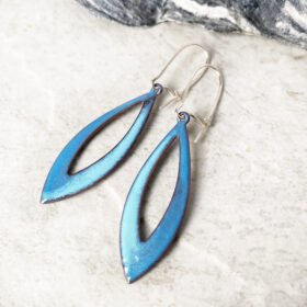long blue green enamel open oval earrings