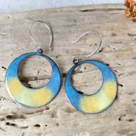 enameled copper blue and yellow large hoop earrings