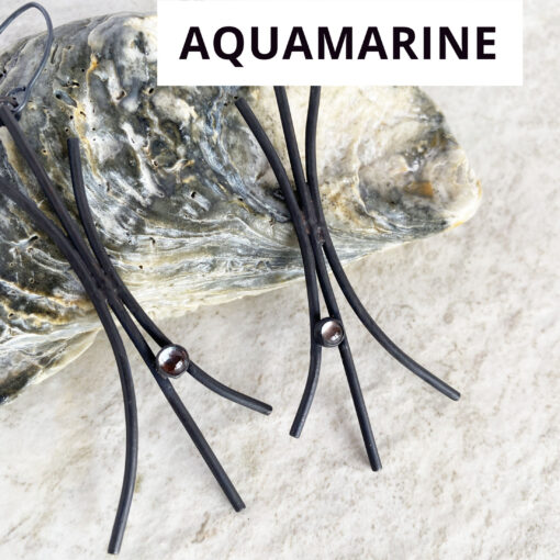 Long modernist aquamarine oxidized copper earrings