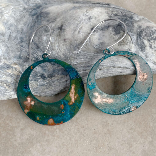 BLUE green copper patina round hoop earrings verdigris