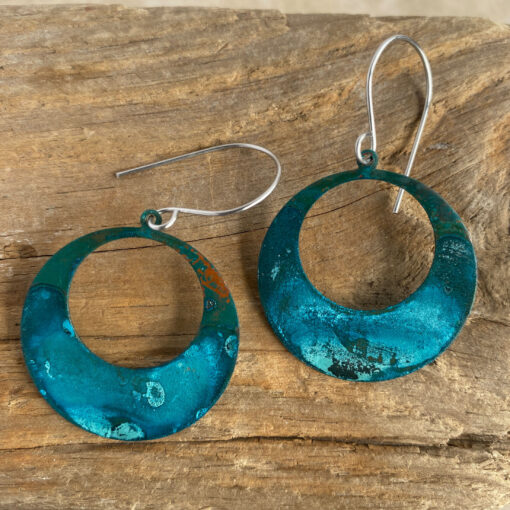 BLUE copper patina round hoop earrings