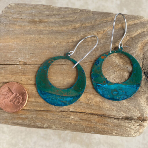 BLUE copper patina round hoop earrings