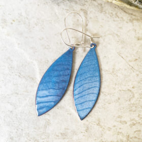 Ocean waves blue lines enameled copper long oval earrings