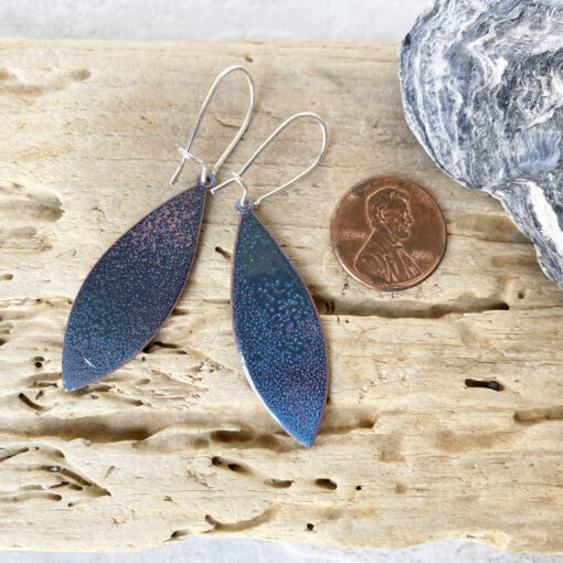 Ocean waves blue lines enameled copper long oval earrings