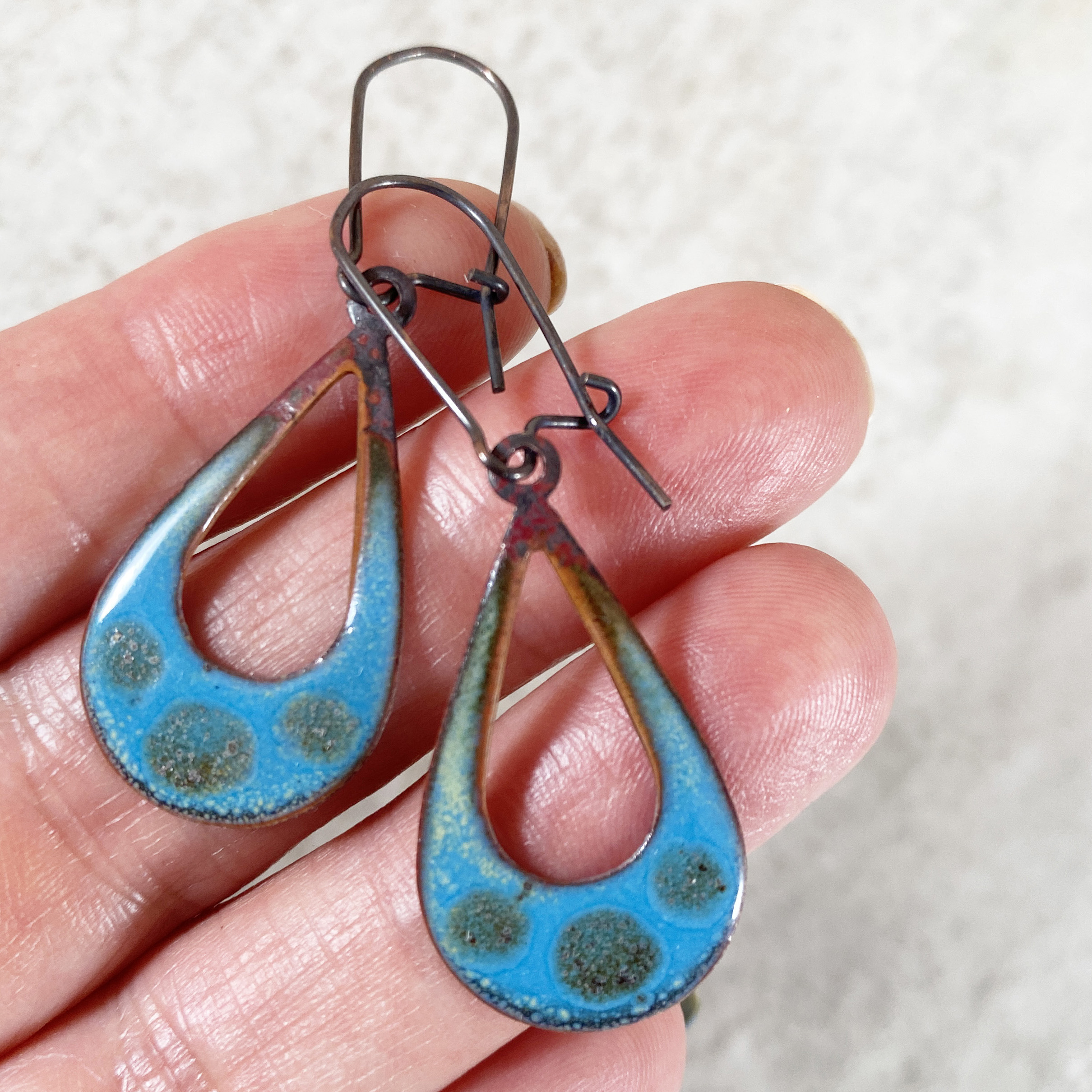 Blue Textural Open Teardrop Enameled Copper Earrings Basket of Blue