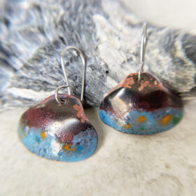 aqua blue copper shell earrings rustic enamel clam shell