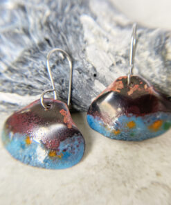 aqua blue copper shell earrings rustic enamel clam shell