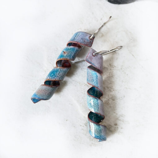 enamel corkscrew earrings copper enameled handmade rustic jewelry