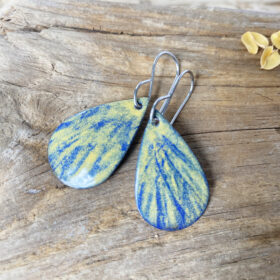 hazy blue yellow enamel oval dangle earrings