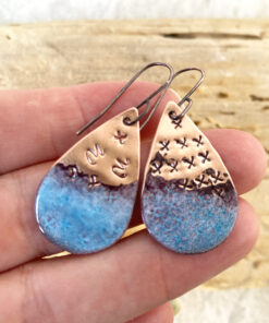 textured copper blue oval enamel earrings