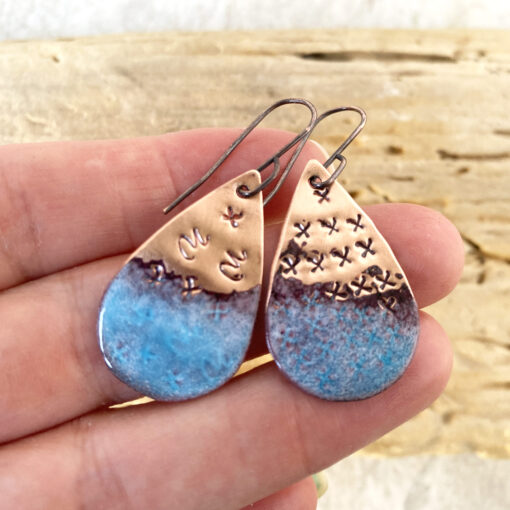 textured copper blue oval enamel earrings