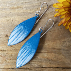 enameled copper blue and white pointed oval earrings