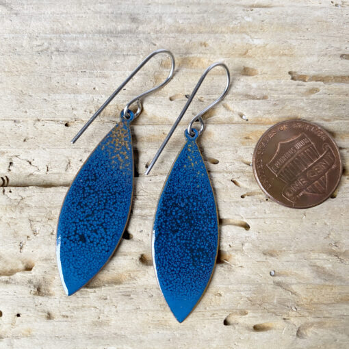 blue and white pointed oval earrings enameled copper