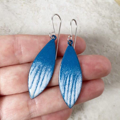 enameled copper blue and white pointed oval earrings
