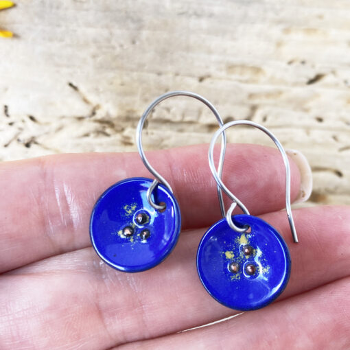 blue enamel circular earrings round drop earrings