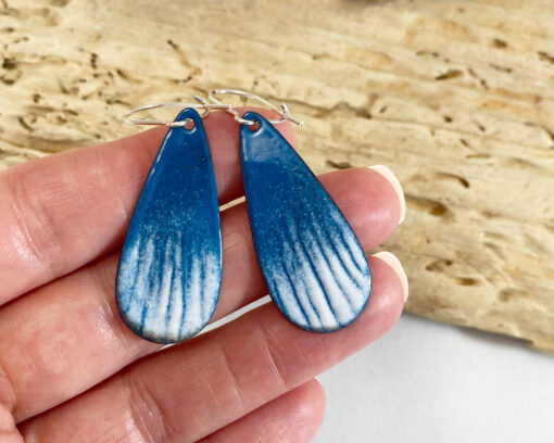 blue and white enamel long oval earrings