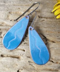 blue long oval enameled copper earrings