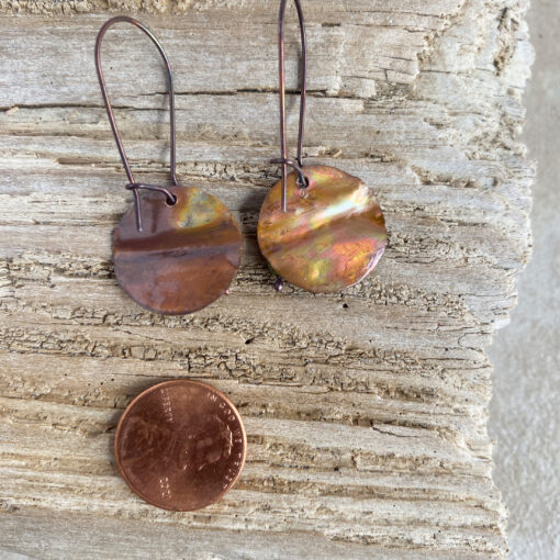 round fold formed flamed copper peridot earrings