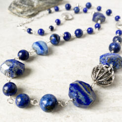 long lapis and pewter bead necklace