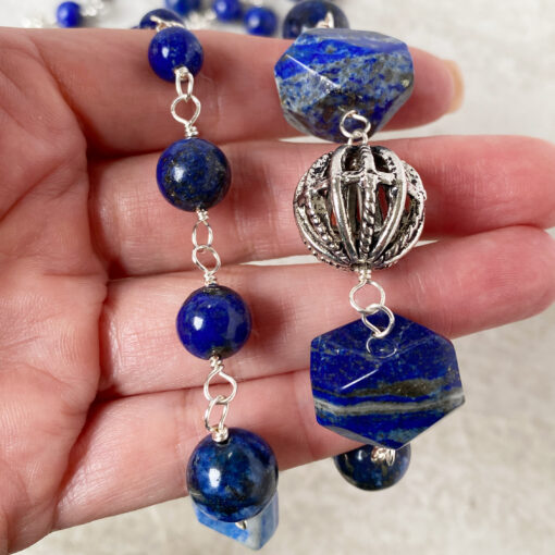 long lapis and pewter bead necklace