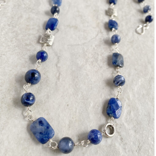 blue sodalite silver long beaded necklace