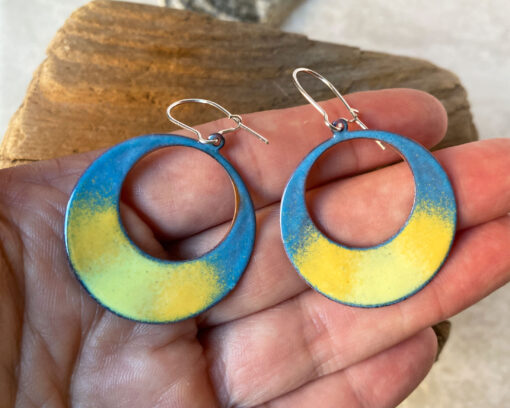 Large enameled copper blue and yellow hoop earrings