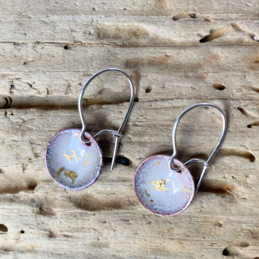small white round enamel earrings with gold flakes