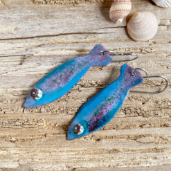 enameled copper fish earrings, blue fish handmade copper