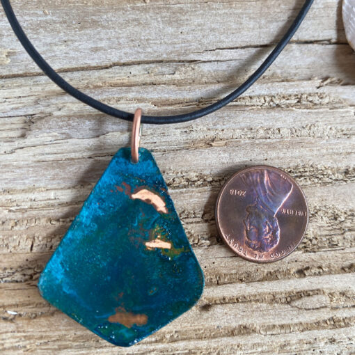 copper patina triangle necklace rustic blue green patina jewelry
